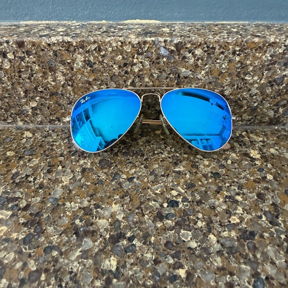 Ray Ban Aviator Sunglasses, Blue Mirror Lenses - Picture 2 of 4